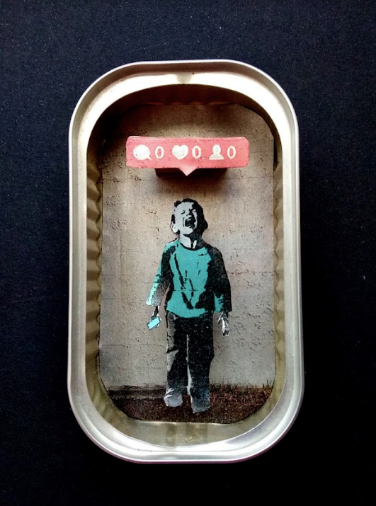  Arte en lata - Niño desesperado de Banski - by desechorehecho - peliculas en latas de conserva - arte de metal